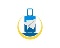 bolsa de viaje con avión de papel y swoosh amarillo vector