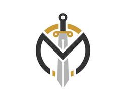 Circle shape with sword and M letter initial inside vector