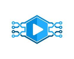 Hexagonal circuit technology with media play button vector