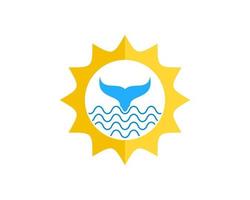 Shinning sun with wave and whale tail inside vector