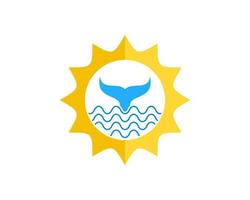 Shinning sun with wave and whale tail inside vector