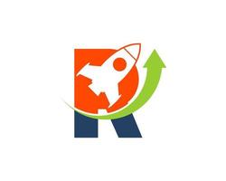 Flying rocket and arrow up with R letter initial vector