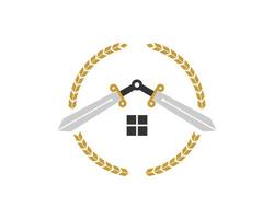 Circular wheat with house cross sword inside vector