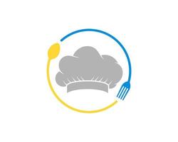 Circular spoon and fork with chef hat inside vector