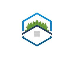 Hexagonal shape with simple house and pine tree vector