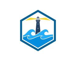 Hexagonal shape with lighthouse and beach wave vector