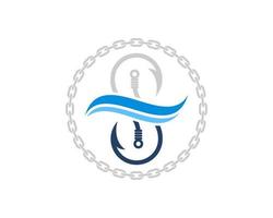 Circular chain with fishing bait and beach wave inside vector