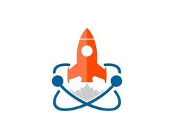 Atom symbol with orange rocket launch vector