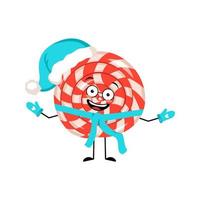 Cute character lollipop with happy emotions, face, smile, eyes, arms and legs in Santa hat with scarf and mittens. Cheerful sweet candy person vector