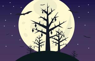 Vector tree view of the sky at night with full moon, tree branches, stars and bats, best for background and wallpaper, illustration design