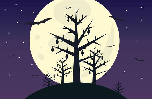 Vector tree view of the sky at night with full moon, tree branches, stars  and bats, best for background and wallpaper, illustration design 4821058  Vector Art at Vecteezy