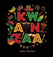 Vector illustration of Kwanzaa. Holiday african symbols with lettering on black background.