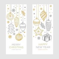 Navidad un año nuevo banner retro dibujado a mano con bolas, juguetes y copos de nieve, para el diseño de Navidad en estilo retro dorado y plateado. Ilustración vectorial sobre fondo blanco. vector