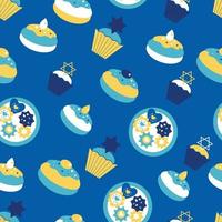 Hanukkah seamless pattern. Jewish donut seamless texture, traditional dessert on the holiday of Hanukkah background. Jewish donut pattern. Vector illustration