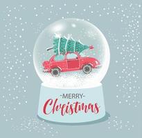 Christmas globe with car and tree in a snowt. Vector illustration new year card.