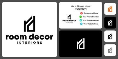 Letter r d monogram interiors logo design with business card template. vector