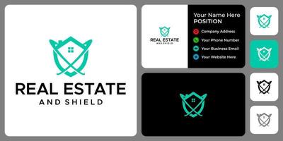 Abstract real estate shield protection logo design with business card template. vector