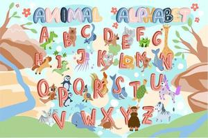 Alfabeto ilustrado de animales de dibujos animados de la a a la z. ilustración vectorial. animales lindos divertidos. alfabeto inglés. aprender a leer vector