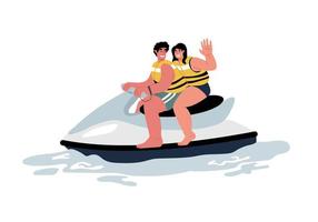 Active vacation for couple.Man and woman sitting on water bike,smilling,waving.