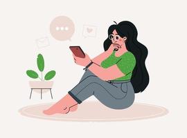 Woman sitting and browsing internet, chatting,looking videos or checking social media,relax at home.Vector flat illustration.