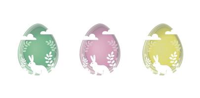 Paper cut tender set of easter eggs with rabbit, clouds, flowers and branches. 3d abstract vector illustration isolated on white. Green, pink, yellow greeting card happy easter
