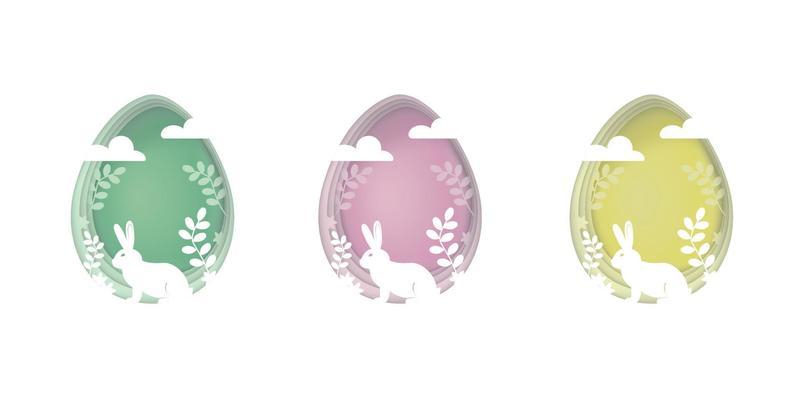 Paper cut tender set of easter eggs with rabbit, clouds, flowers and branches. 3d abstract vector illustration isolated on white. Green, pink, yellow greeting card happy easter