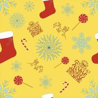 Patrón de Navidad sin costuras sobre fondo amarillo, calcetín, copos de nieve, piruletas, regalo vector