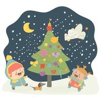 Little girls playing outside near the Christmas tree. Two friends rejoice in winter and snowman. Vector isolated illustration in cartoon style. For print, web design.