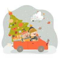 Cheerful girlfriends go by car to celebrate Christmas. The two girls are carrying a Christmas tree and presents. Vector illustration on white background in cartoon style. Hand drawing. For print, web