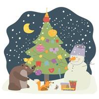 los animales del bosque juegan afuera cerca del árbol de navidad. el oso y el zorro están felices con el invierno, los regalos y un muñeco de nieve. vector ilustración aislada en estilo de dibujos animados. para impresión, web