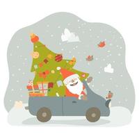 Santa Claus rides in the car. Santa Claus is carrying New Year presents and a Christmas tree. Vector illustration in cartoon style on white background. Hand drawing. For print, web design.