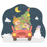 Cheerful girlfriends are carrying a Christmas tree and presents. Two girls are going to a New Year's party. Vector illustration on white background in cartoon style. Hand drawing. For print, web