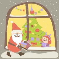 Jolly Ded Moroz carries Christmas presents. A little girl sits by the window and waits for Santa Claus. Vector illustration in cartoon style. Hand drawing. For print, web design.