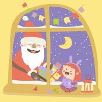 jolly ded moroz lleva regalos de año nuevo en sus manos. una niña se sienta junto a la ventana y espera a santa claus. ilustración vectorial en estilo de dibujos animados. Dibujo a mano. para impresión, diseño web. vector