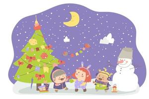 chicas alegres decoran el árbol de navidad. el muñeco de nieve mira a las niñas y al árbol de navidad. ilustración vectorial en estilo de dibujos animados. Dibujo a mano. para impresión, diseño web. vector