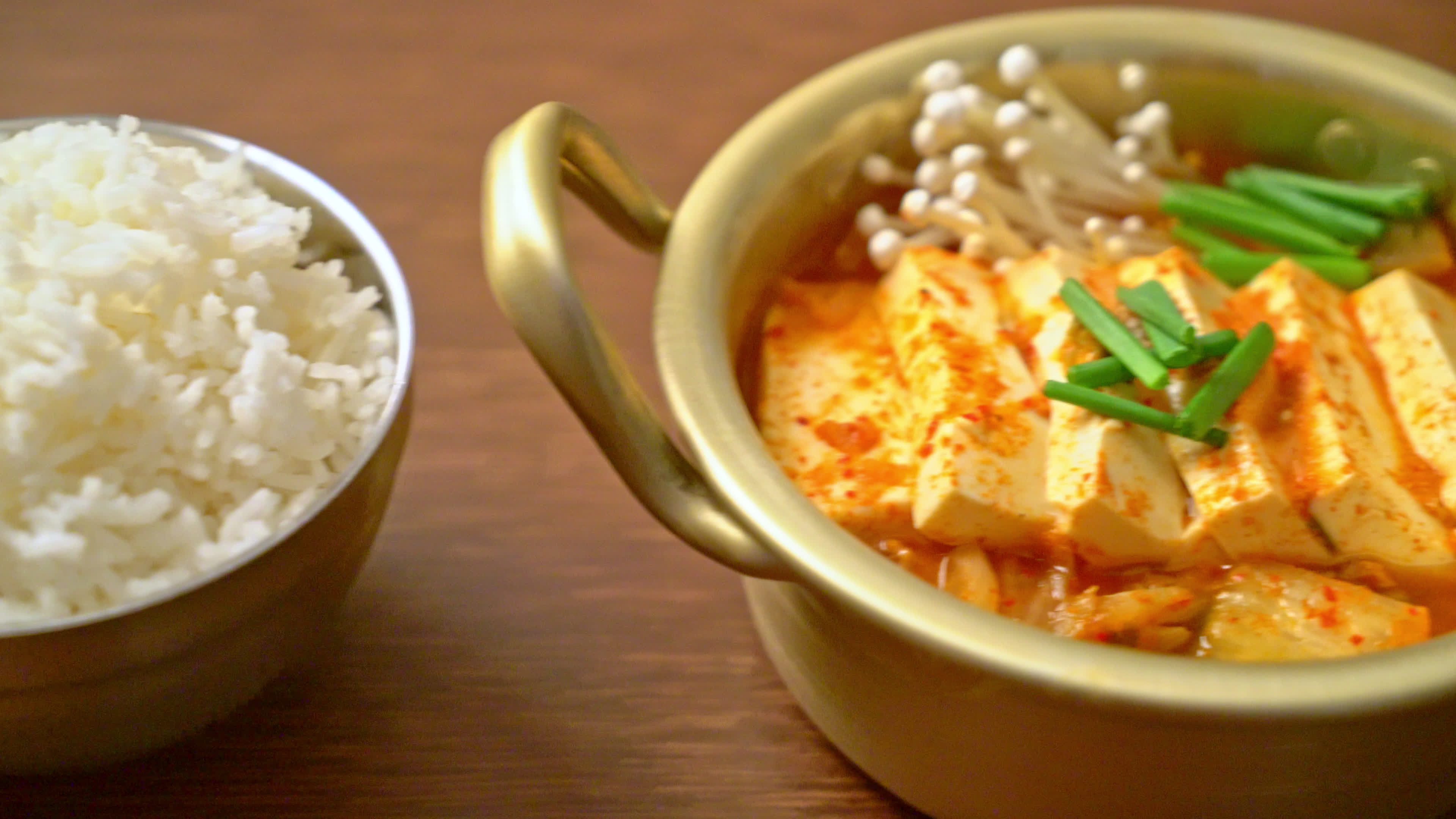 Kimchi Jjigae or kimchi soup with soft tofu and egg Korean