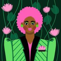 A girl with African hair in a green party jacket