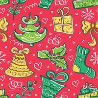 Seamless Christmas pattern with red background. Hand drawing vector illustration. Great for gift wrap, gift cards, print on textile, and more.