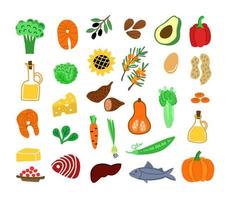 Set of illustrations of healthy organic food, vegetables, meat, fish, vegetable oil, nuts. Isolated vector illustration of food made in flat style