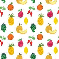 Seamless pattern with summer fruits and berries melon, orange, artichoke, rosehip, lemon, guava. Exotic tropical fruits in the flat style. vector