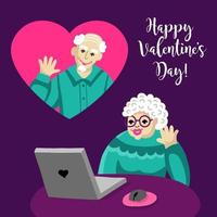 Greeting card for happy Valentines day. Old people met each other on a dating site on Valentine's Day. Pensioners correspond and call up on a conference call. vector