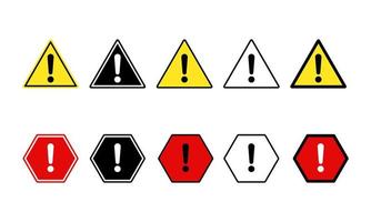 Ilustración de vector plano de señal de precaución. Adecuado para elemento de diseño de alerta de peligro, atención de información de condición de riesgo. signo de exclamación de advertencia en formas triangulares y pentagonales.