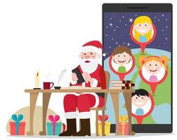 Smiling Santa sitting in his chair planning his road with presents for all good kids vector