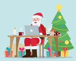 Smiling Santa sitting in his office and working on laptop vector