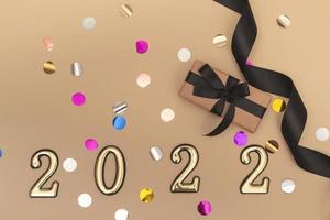 vista desde arriba. fondo beige con confeti estrella, caja regalo con cinta negra y números dorados. feliz año nuevo 2022 tarjeta de felicitación. foto