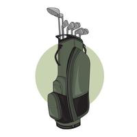 Bolsa de golf verde y negra llena de palos, Ilustración de vector de equipamiento deportivo de golfista.