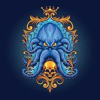 Blue Kraken with Gold Frame Skull Illustrations vector