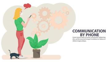 Illustration in the style of flat design A girl in a mask on the background of spinning gears and plants communicates in a mobile phone vector