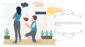 Illustration in the style of flat design A guy is on his knees in front of a girl who turned away from him vector