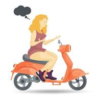Ilustración en el estilo de diseño plano una niña con un vestido marrón en una pose de interrogación se sienta en un ciclomotor naranja sobre un fondo blanco aislado vector